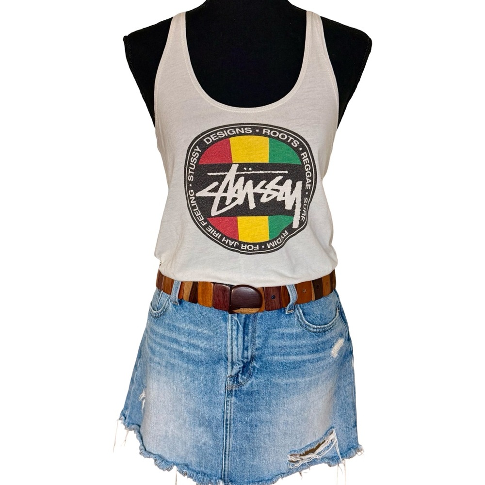 Vintage 1990s Stussy White Tank Top - Rydim for Jah Irie Feeling - Size Small